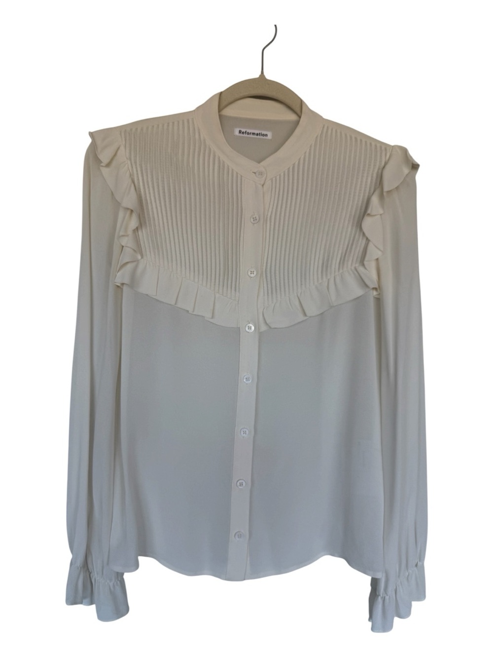 Reformation Ivory Ruffle-Paneled Button Down Blouse